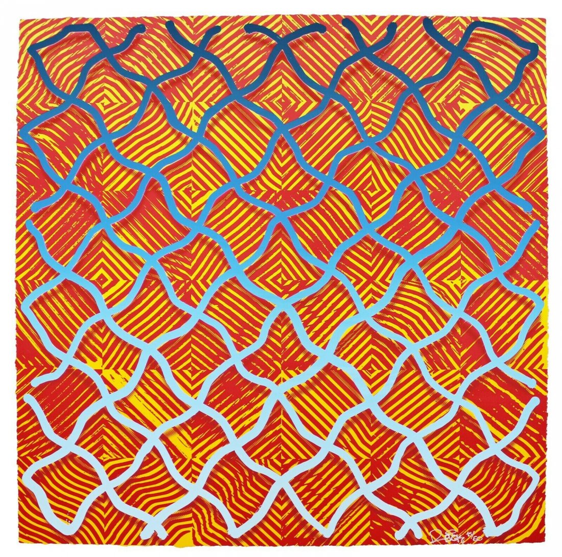 Unframed Abstract Revok Signed Untitled III Orange 2014: For your consideration is a 12 colored, hand pulled, screen print, edition of 50, published by Library Street Collective Detroit by Jason Revok, signed, circa 2014. In excellent condition. This piece 