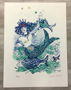 Mermaid Queen Judith Bledsoe Signed Lithograph Unframed: For your consideration, is a hand-signed lithograph by artist American Judith Bledsoe. There are metallic stars as hand-embellishments. Size is 17”x13” (unframed). Judith Bledsoe was an