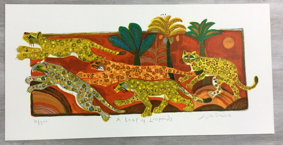 A Leap of Leopards Judith Bledsoe Signed Lithograph: For your consideration, is a hand-signed lithograph by American artist Judith Bledsoe. Size is 9.25” x 21” (unframed). Judith Bledsoe was an American painter and printmaker best known for her fanc