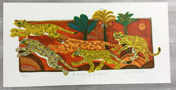 A Leap of Leopards Judith Bledsoe Signed Lithograph: For your consideration, is a hand-signed lithograph by American artist Judith Bledsoe. Size is 9.25” x 21” (unframed). Judith Bledsoe was an American painter and printmaker best known for her