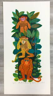 A Shrewdness of Apes Judith Bledsoe Hand-Signed: For your consideration, is a hand-signed lithograph by American artist Judith Bledsoe. Size is 18” x 7.75” (unframed). Judith Bledsoe was an American painter and printmaker best known for