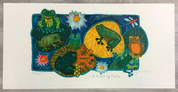 A Knot of Toads Judith Bledsoe Signed Lithograph: For your consideration, is a hand-signed lithograph by American artist Judith Bledsoe. Size is 9.25” x 15.75” (unframed). Judith Bledsoe was an American painter and printmaker best known