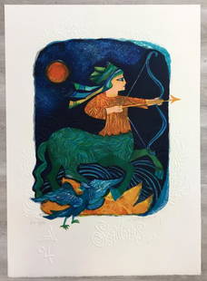 Sagittarius Judith Bledsoe Hand-Signed Lithograph: For your consideration, is a hand-signed lithograph by artist American Judith Bledsoe. Size is 19.25” x 13.5” (unframed). Judith Bledsoe was an American painter and printmaker best known