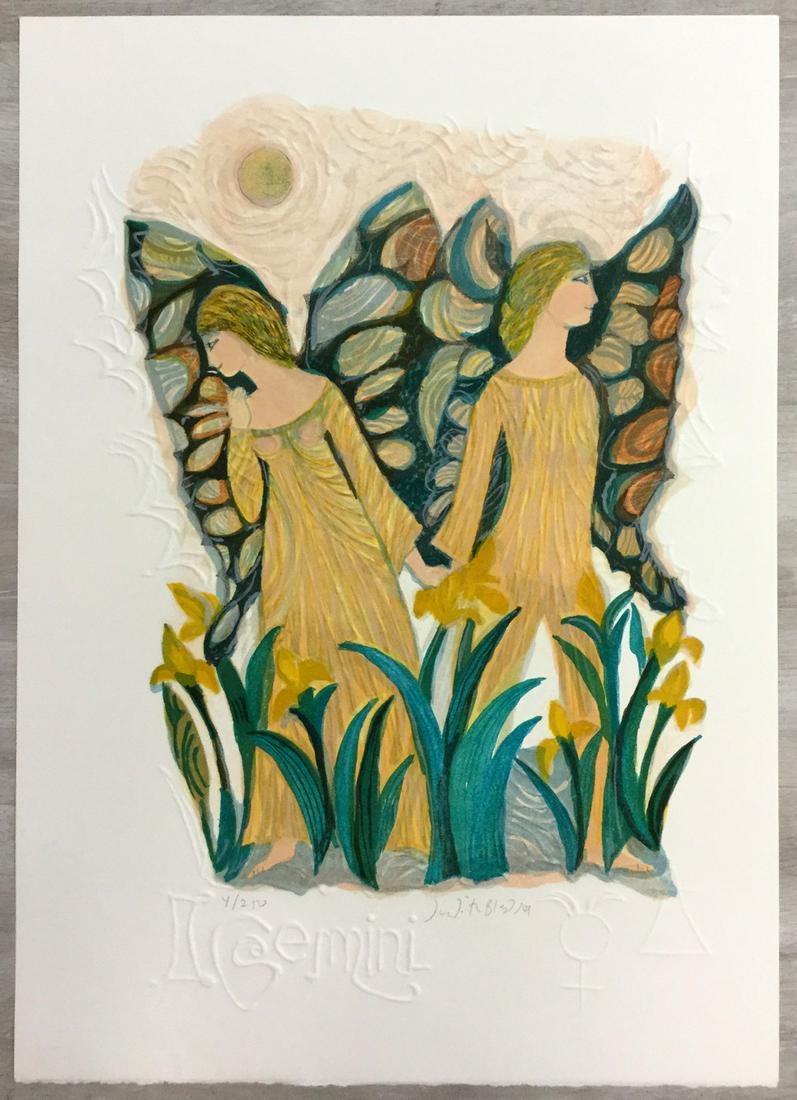 Gemini Judith Bledsoe Signed Romantic Lithograph: For your consideration, is a hand-signed lithograph by American artist Judith Bledsoe. Size is 18” x 13” (unframed). Judith Bledsoe was an American painter and printmaker best known for he