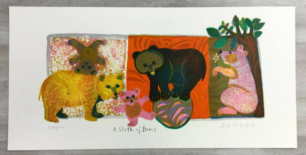 A Sloth of Bears Judith Bledsoe Hand-Signed Lithograph: For your consideration, is a hand-signed lithograph by artist American Judith Bledsoe. Size is 9.25” x 18.25” (unframed). Judith Bledsoe was an American painter and printmaker best known