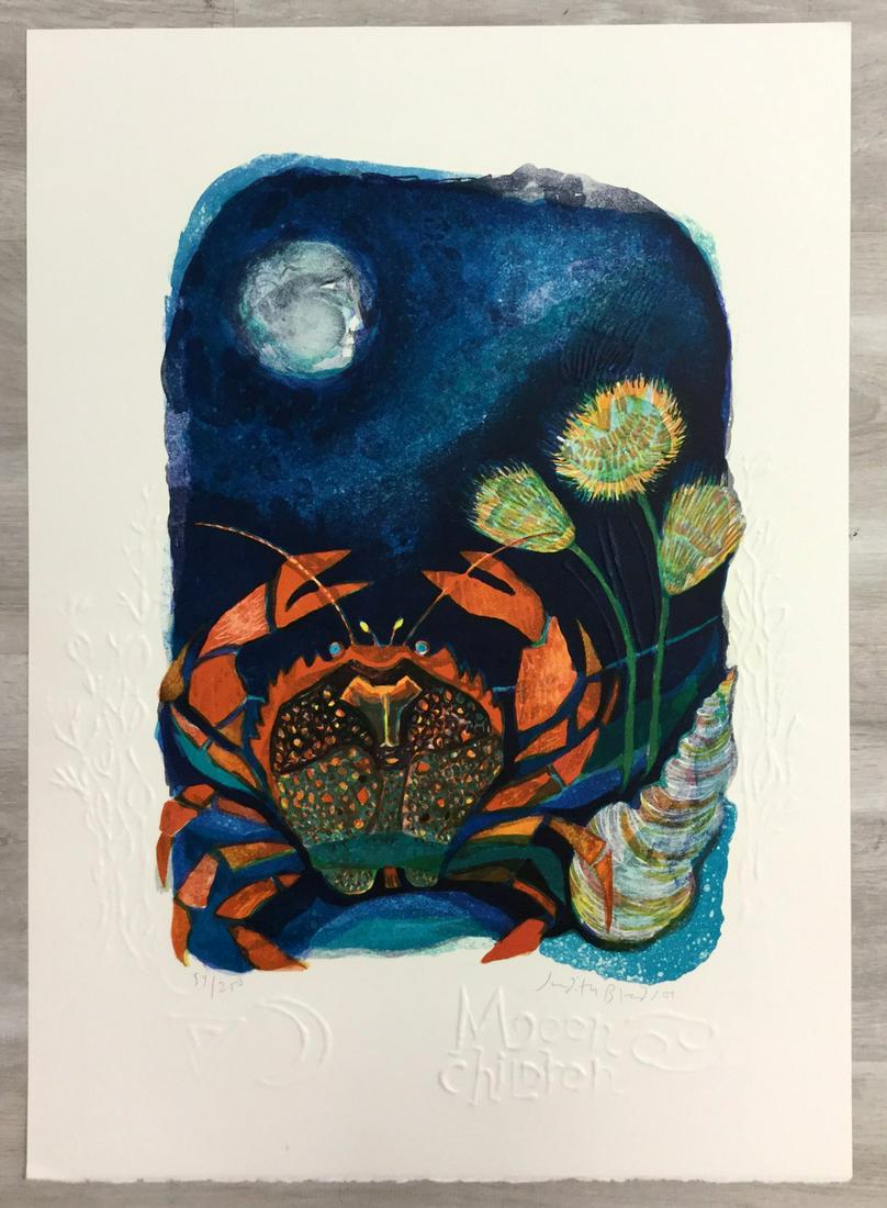 Moon Children Judith Bledsoe Hand-Signed Lithograph: For your consideration, is a hand-signed lithograph by American artist Judith Bledsoe. Size is 17.5” x 13.75” (unframed). Judith Bledsoe was an American painter and printmaker best known f