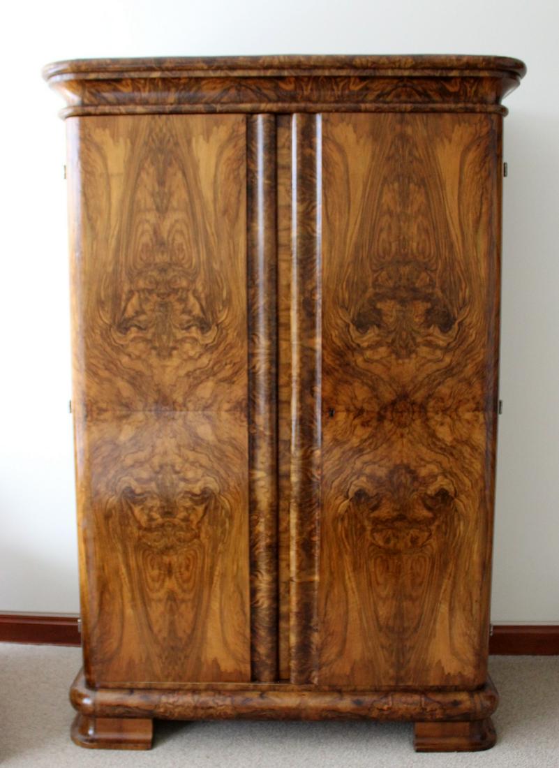 Art Deco Curved Burl Wood Armoire Dresser w Drawer: For your consideration is a stunning, antique, burl wood book matched panel cabinet armoire wardrobe unit, circa the 1940s. In very good vintage condition. The dimensions are 50.5" W x 24" D x 75" H.