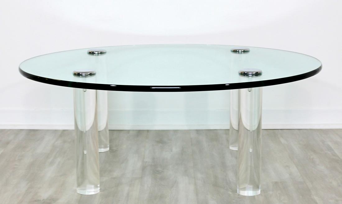 Pace Collection Glass Chrome Lucite Round Coffee Table: For your consideration is a stunning, round coffee table, made of glass and lucite and with chrome caps, by Pace, circa the 1970s. In excellent condition. The dimensions are 42" Dia x 16" H.