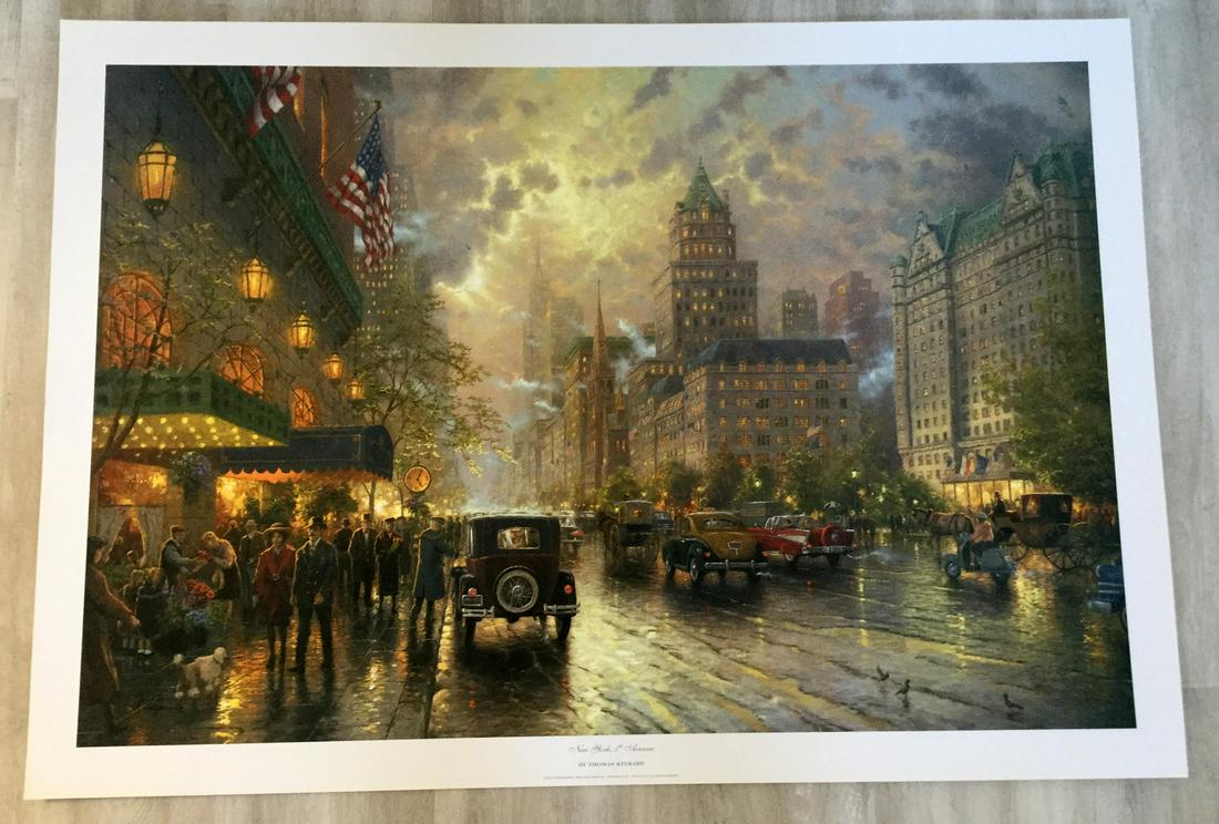 New York 5th Avenue (small) Thomas Kinkade Lithograph: For your consideration, is a lithograph by American artist Thomas Kinkade. Size is 18”x27” (unframed). Thomas Kinkade was one of America's most collected living artists for decades until his untim