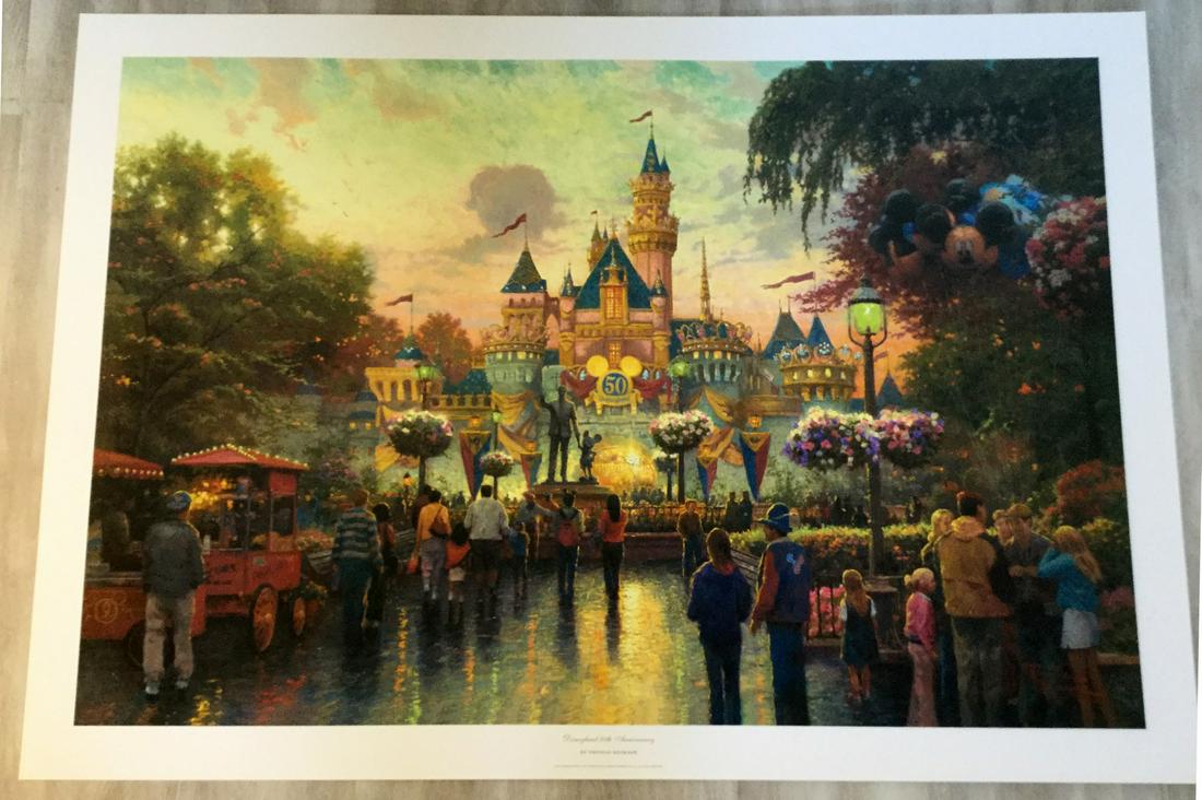 DisneyLand 50th Anniversary Lg Thomas Kinkade: For your consideration, is a lithograph by American artist Thomas Kinkade. Size is 18”x42” (unframed). Thomas Kinkade was one of America's most collected living artists for decades until his untim