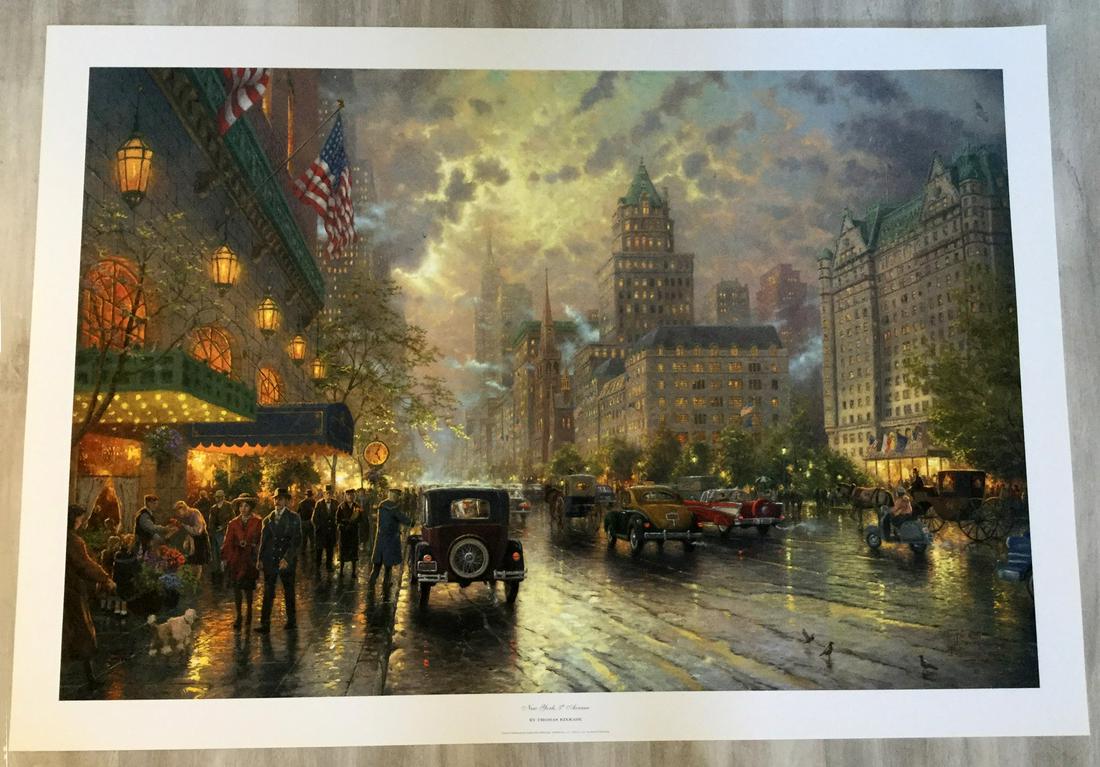 New York 5th Avenue (medium) Thomas Kinkade Lithograph: For your consideration, is a lithograph by American artist Thomas Kinkade. Size is 24”x36” (unframed). Thomas Kinkade was one of America's most collected living artists for decades until his untim