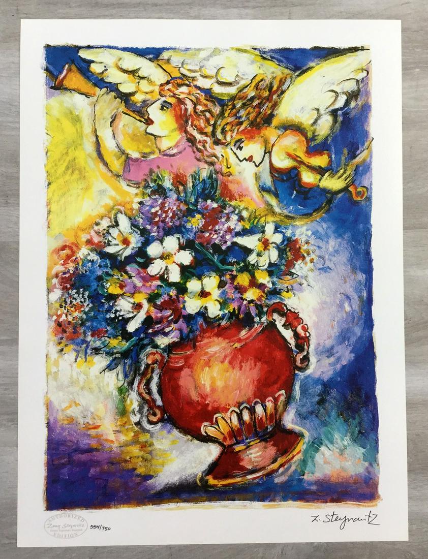 Angels with Vase of Flowers Zamy Steynovitz: For your consideration, is a seriolithograph by Israeli artist Zamy Steynovitz. Size is 17.25"x12.25" (unframed). Zamy Steynovitz was born in Liegnitz, Poland on January 15, 1951. As a child, he won a
