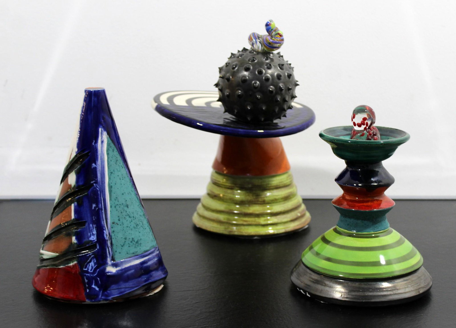3 Pc Kaiser Sudan Art Abstract Colorful Shapes Signed: For your consideration is a fantastic, three piece set of signed, multi-color, abstract ceramic sculptures. In excellent condition. The dimensions are 6" Dia x 8" H, 9" W x 7.5" D x 10.5" H and 5.5" D