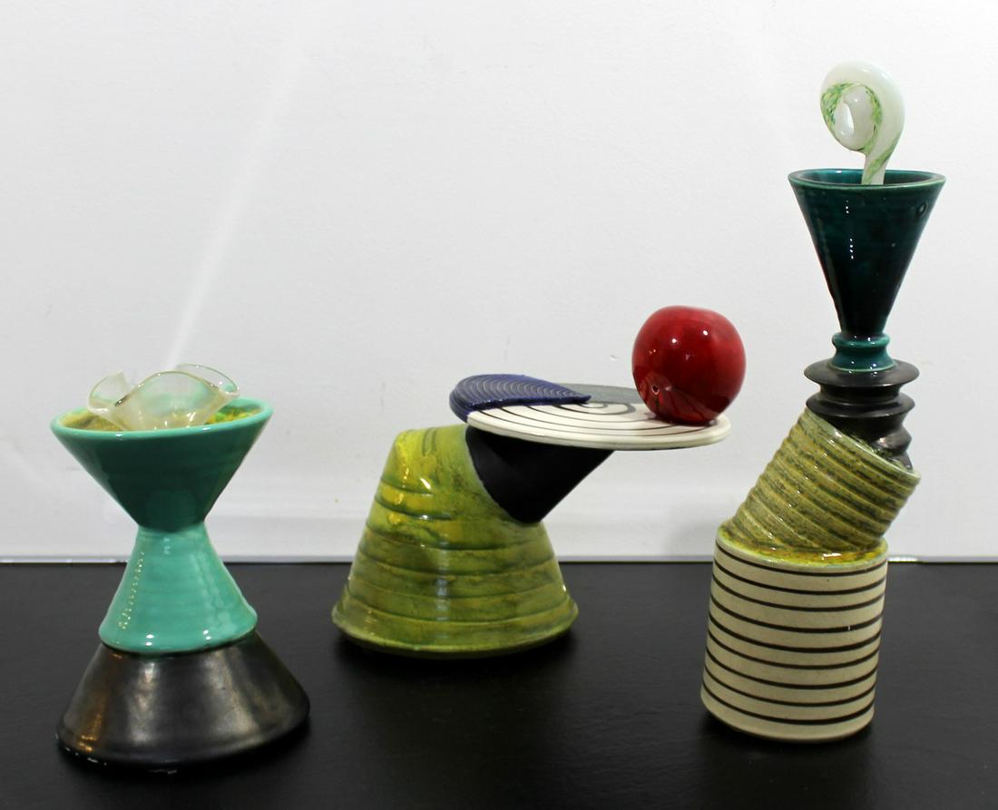 3 Pc Kaiser Sudan Art Abstract Colorful Shapes Signed: For your consideration is a gorgeous, three piece set of signed, multi-color, abstract ceramic sculptures. In excellent condition. The dimensions are 5.5" Dia x 8.5" H, 10.5" W x 7" D x 9" H and 4" W 