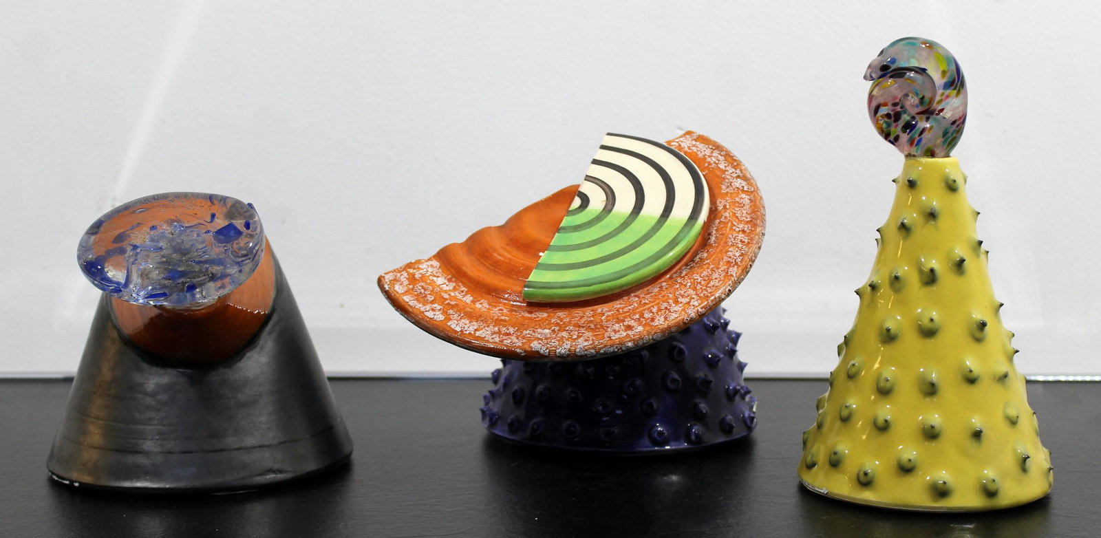 3 Pc Kaiser Sudan Art Abstract Colorful Shapes Signed: For your consideration is a wonderful, three piece set of signed, multi-color, abstract ceramic sculptures. In excellent condition. The dimensions are 5" Dia x 9.5" H, 9" W x 7.5" D x 7" H and 8" W x 