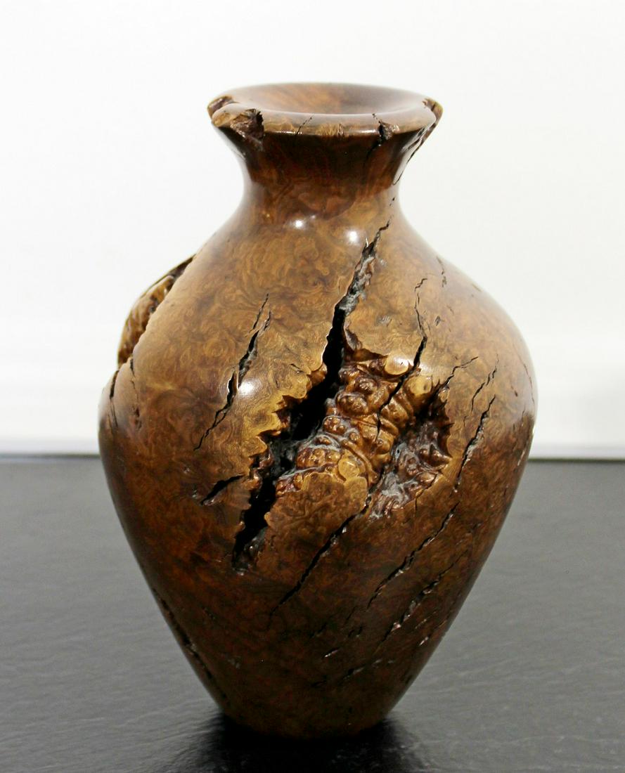 Gnarled Carved Wood Vase Vessel Signed Table Sculpture: For your consideration is an incredible, carved, gnarled wood vessel vase Sculpture, signed by the artist. In excellent condition. 4.5" Dia x 7.5" H.