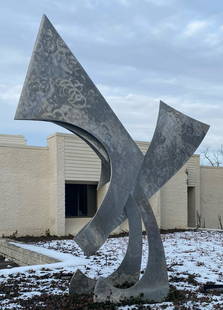 Hanna Stiebel Large Aluminum Outdoor Abstract Sculpture: For your consideration is a stunning Hanna Stiebel Aluminum Outdoor Abstract Sculpture. Size is 80" x 28" x 120". This is a large, monumental, abstract sculpture. This also comes with a photo montage