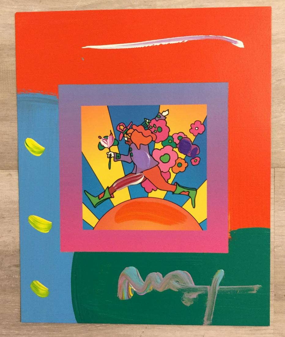 Flower Jumper Over Sunrise on Blends Peter Max: For your consideration, is a mixed media with acrylic painting and color lithography on paper from the Peter Max Studio. Hand-signed in acrylic by the artist. A unique variation. Size is 8"x10" (unfra