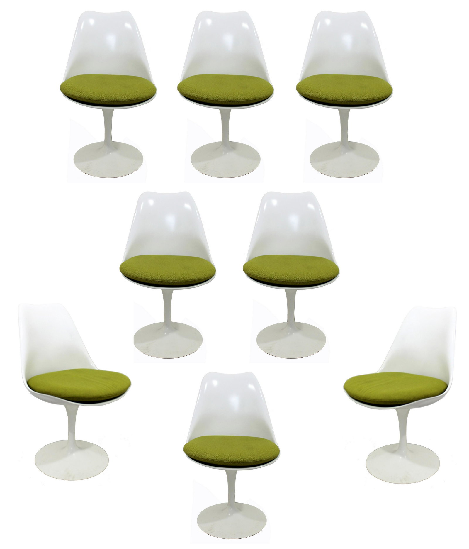 Modern 8 Saarinen Knoll White Tulip Side Swivel Chairs: For your consideration is a stunning, Eero Saarinen for Knoll side chair, with a "tulip" base and green seat by DWR. In very good condition. The dimensions are 19" Dia x 31.5" B.H. x 18.5" S.H.