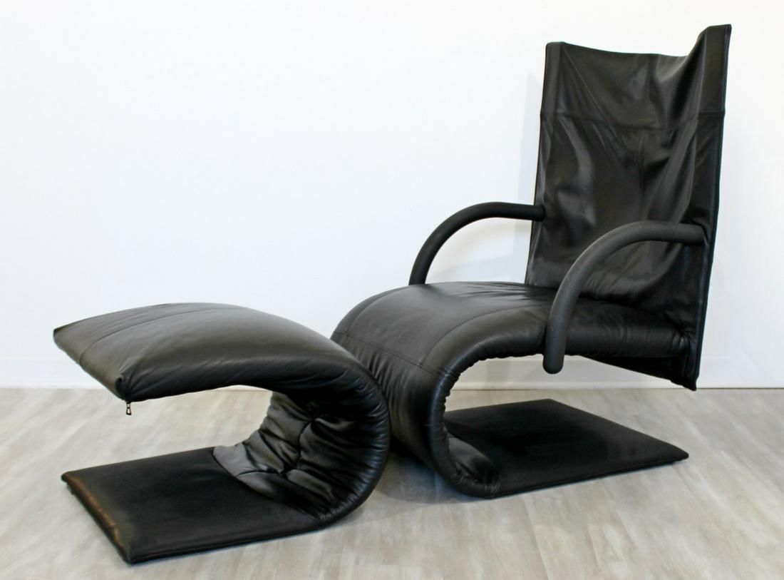 Black Leather Chair & Ottoman Brisson Zen Ligne Roset: For your consideration is a luscious, "Zen" black leather lounge chair and matching ottoman, by Claude Brisson for Ligne Roset, made in France, circa the 1980s. In excellent vintage condition. The dim