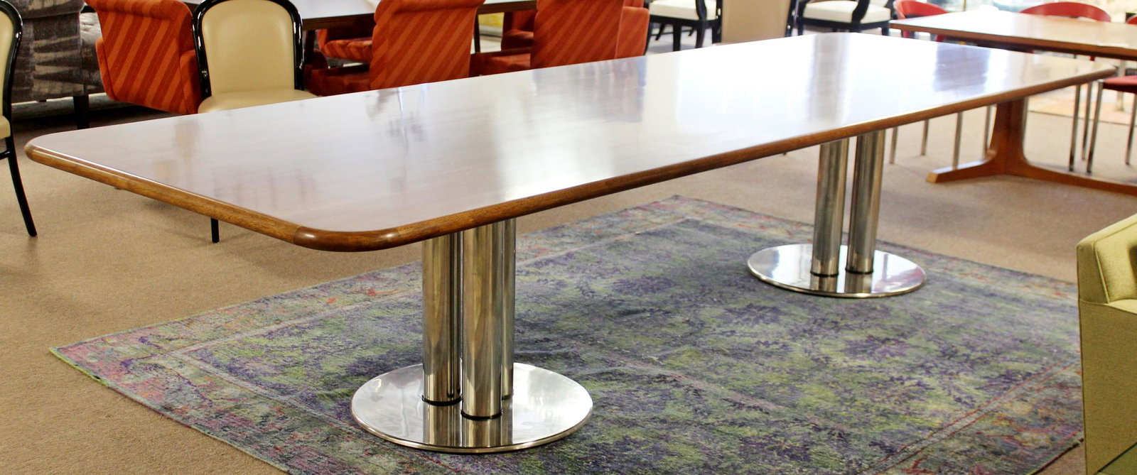 Custom Walnut Chrome Dining Conference Table Pace Style: For your consideration is a marvelously massive, walnut topped conference or dining table, on a Pace style base, circa the 1980s. In excellent vintage condition. The dimensions are 144" W x 48" D x 30
