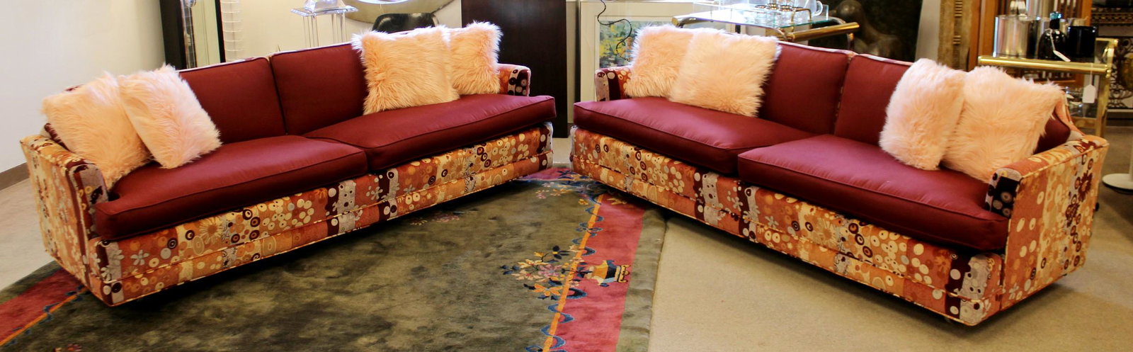 Pair Erwin Lambeth Lenor Larsen Sofas: For your consideration is a pair of Erwin Lambeth sofas, on casters, with Jack Lenor Larson fabric called Alechtron. In excellent vintage condition. The dimensions of each are 87" W x 32" D x 27" B.H.