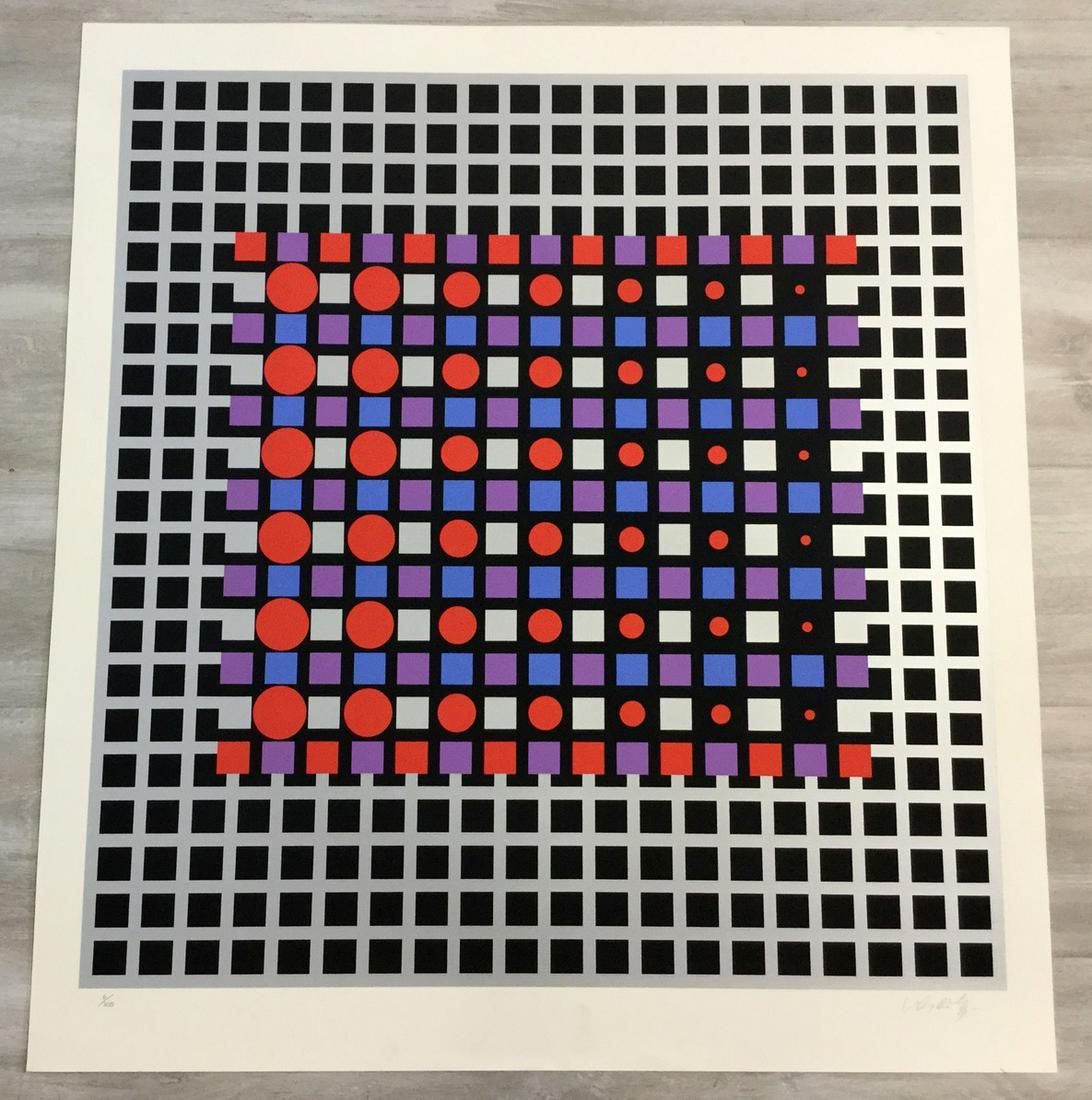 Zilver Victor Vasarely Hand-Signed Serigraph: For your consideration, is a hand-signed lithograph by Victor Vasarely, the leader of the Op-art Movement. Size is 29"x27.5 (unframed).