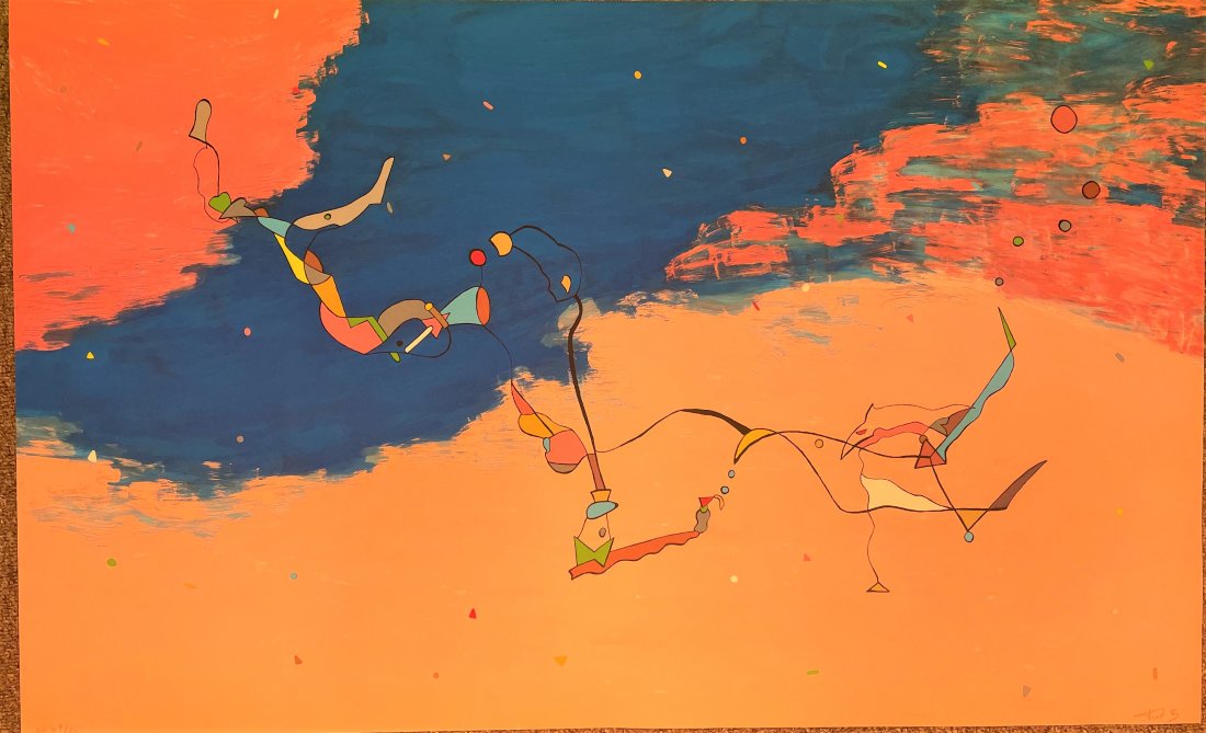 Pink Line Drawing Fred B: For your consideration, is an abstract artwork, signed Fred B. Size is 39" (length) by 24" (height). A fun, Miro inspired artwork, in lovely pastel colors.