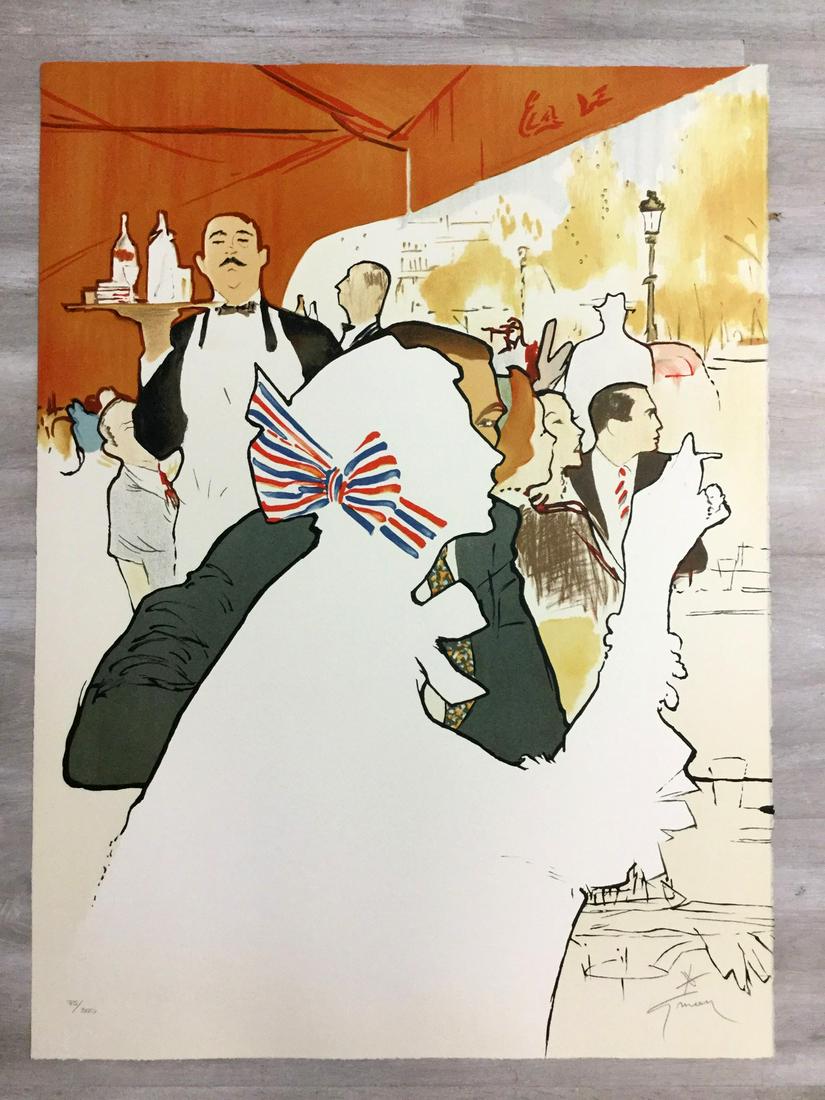 Bistro Rene Gruau Hand-Signed Lithograph Unframed: For your consideration, is a hand-signed lithograph by Italian artist Rene Gruau, a famous fashion illustrator in the 40â€™s and 50â€™s. Gruau was part of the Modern Fashion movement. Size i