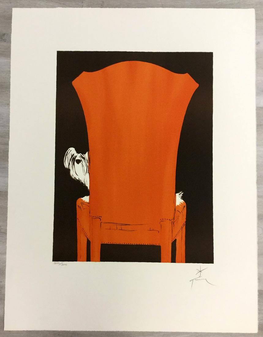 La Chaise Rouge Rene Gruau Hand-Signed Lithograph: For your consideration, is a hand-signed lithograph by Italian artist Rene Gruau, a famous fashion illustrator in the 40â€™s and 50â€™s. Gruau was part of the Modern Fashion movement. Size i