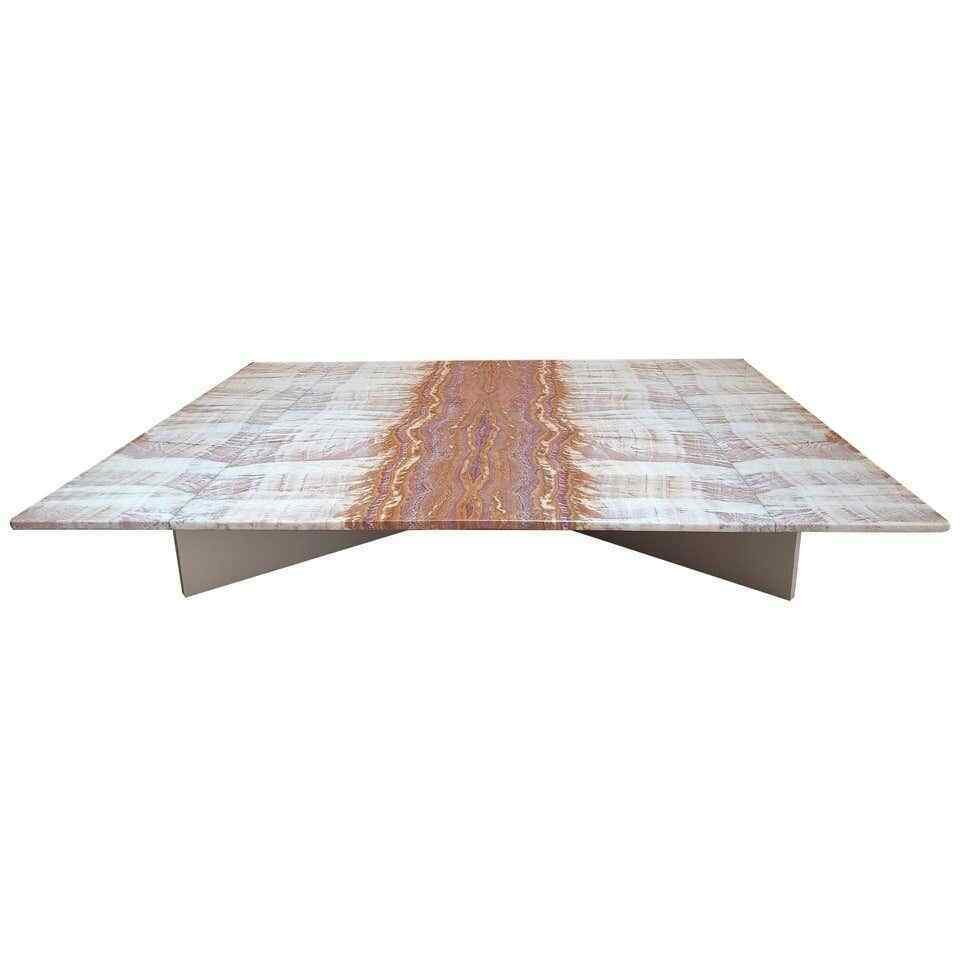 Orange Marble Large Low Coffee Table 1970s Vintage Luxe: For your consideration is a stupendous, massive and low, solid marble, rectangular coffee table, circa the 1970s. In excellent vintage condition. The dimensions are 78" W x 60" D x 11" H.