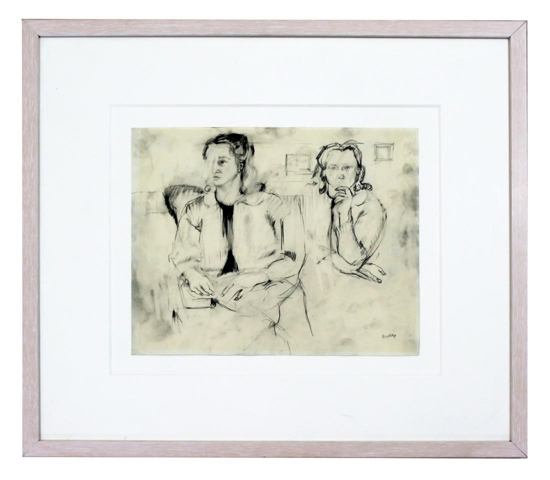 Framed Charcoal Drawing Signed Larry Rivers Figures: For your consideration is an intriguing, framed, original charcoal drawing, of a pair of women, signed by Larry Rivers. In excellent condition. The dimensions of the frame are 23.5" W x 21.5" H and th