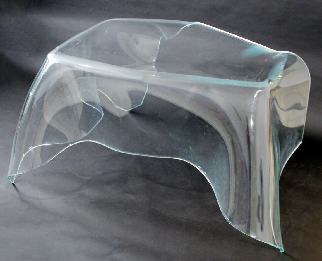 Laurel Fyfe Clear Slumped Solid Art Glass Desk Table: For your consideration is an simply showstopping piece of art in the shape of a slumped and draped glass desk. Made of a thick, clear sheet of glass that has been manipulated by the world renowned gla