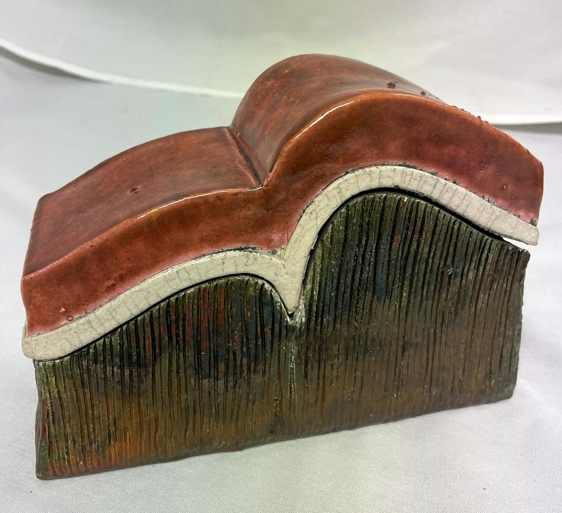 Jerry Berta Signed Ceramic Horizontal Vessel with Red (1 of 4)