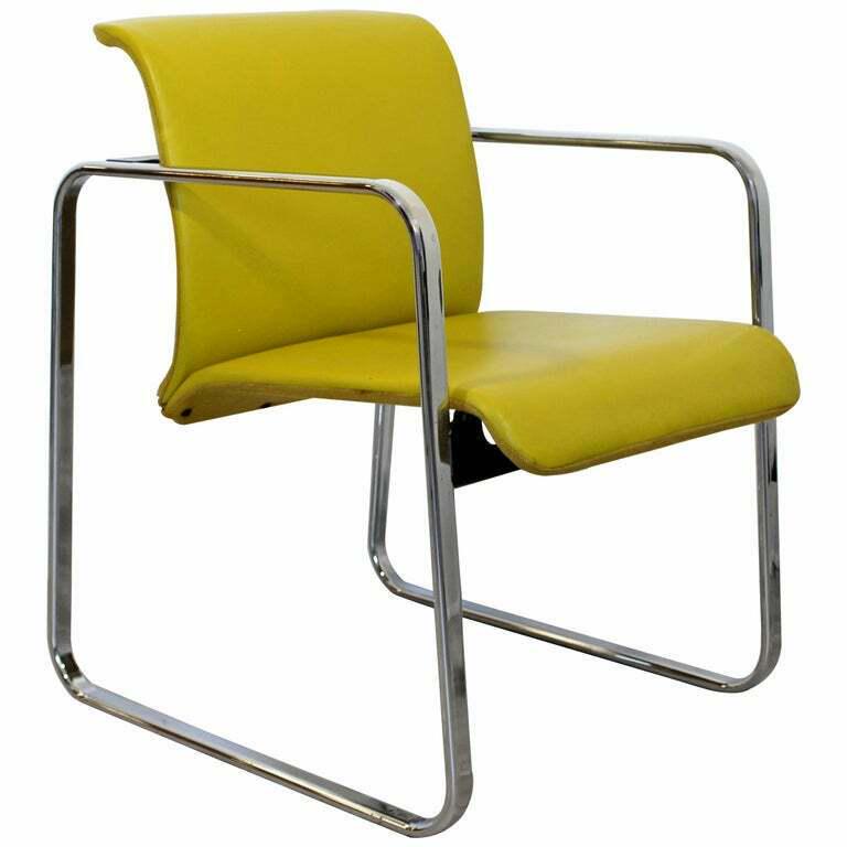 Peter Protzman Herman Miller Yellow Leather & Chrome: For your consideration is a fun, chrome armchair, with yellow leather upholstery, by Peter Protzman for Herman Miller, circa the 1960s. In excellent vintage condition. The dimensions are 23" W x 24" (