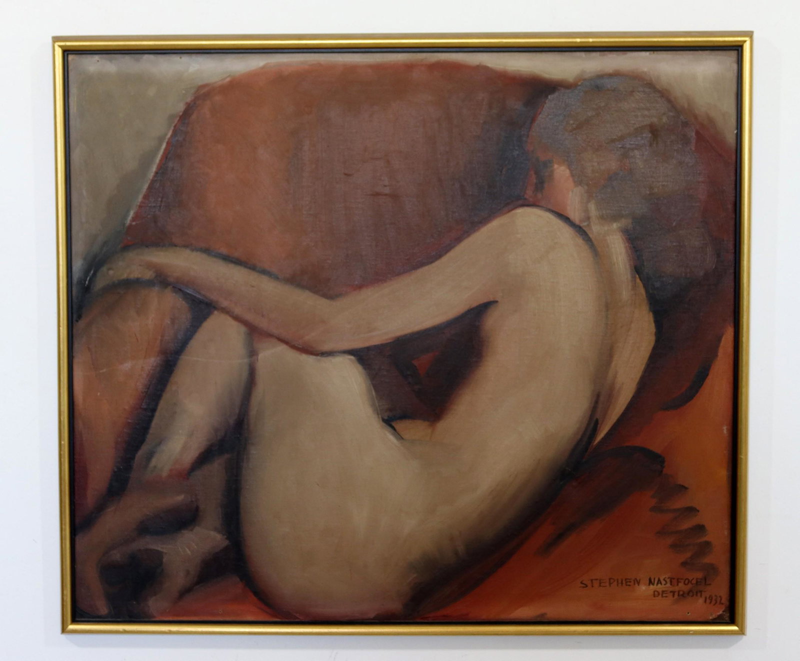 Stephen Nastfocel 1932 Detroit Untitled Acrylic: For your consideration is a classic nude acrylic painting on canvas signed "Stephen Nastfocel Detroit 1932" (26x30). From the collection of the Kresge Foundation, a philanthropic foundation for the ar
