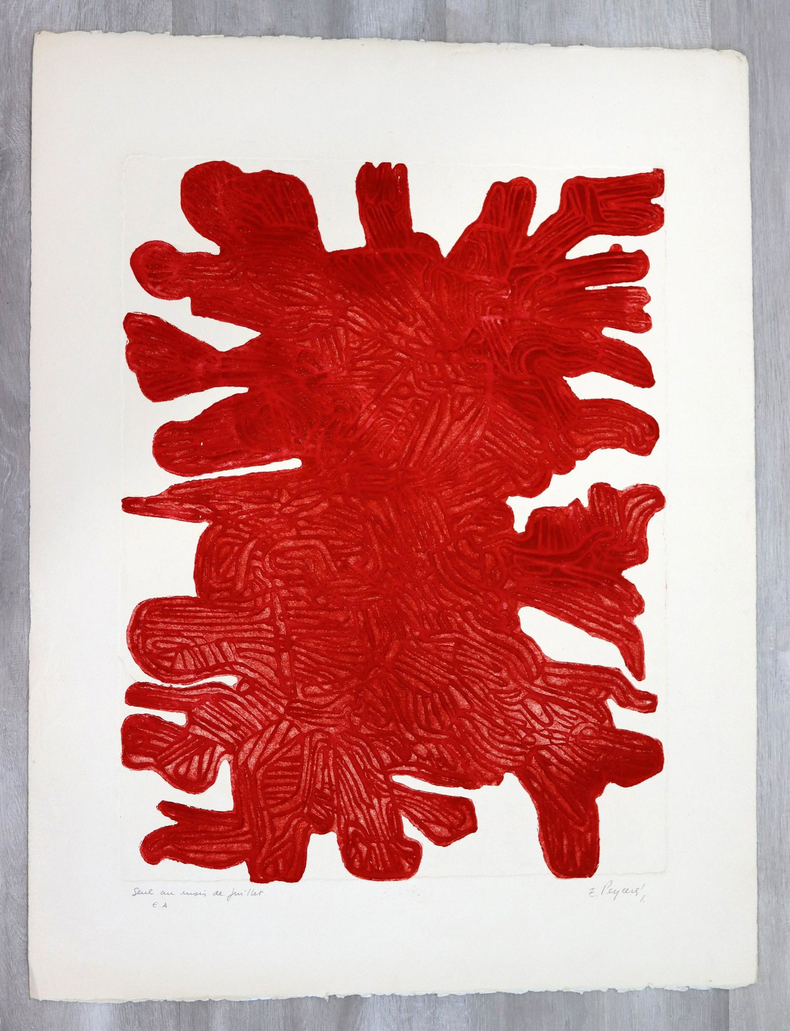 E. Peyeers S Eul Au Mois Juillet Contemporary Unframed: For your consideration is a ravishing serigraph titled "S Eul Au Mois Julliet", EA edition, and signed E. Peyeers (26x19.75 unframed). From the collection of the Kresge Foundation, a philanthropic fou
