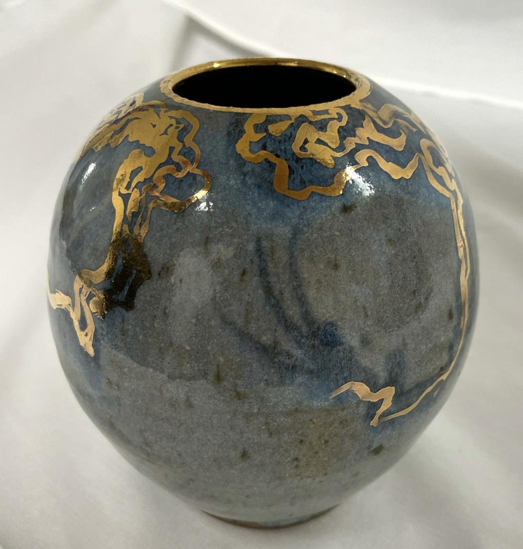 Gawaine Dart Signed Blue Ceramic Vessel with Gold (1 of 4)