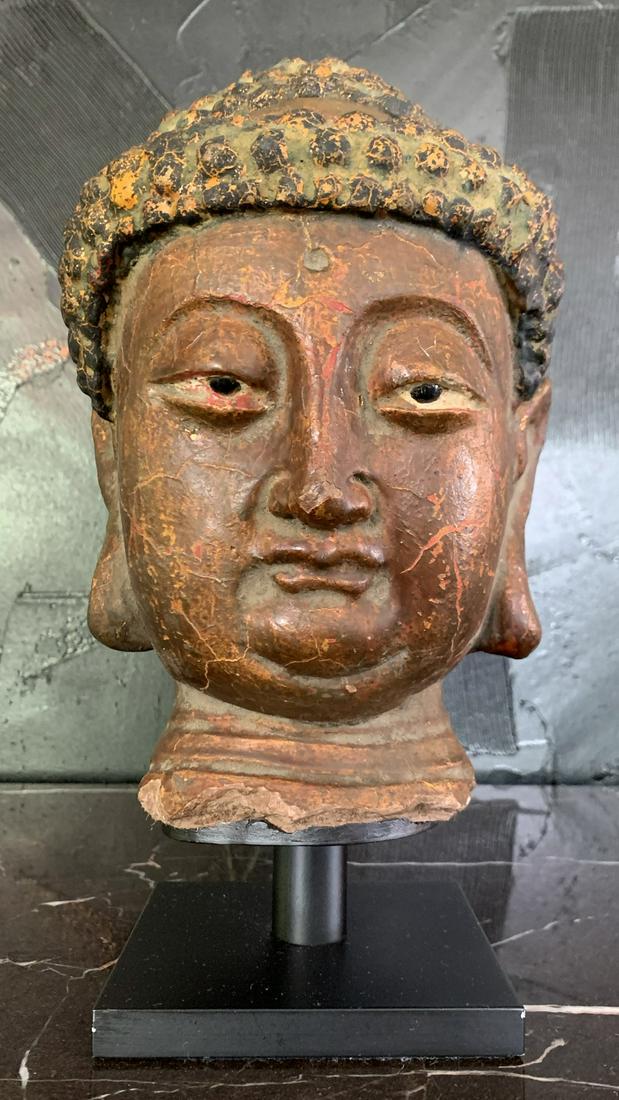 Indian Buddha Polychrome Terracotta Bust on Stand (1 of 7)