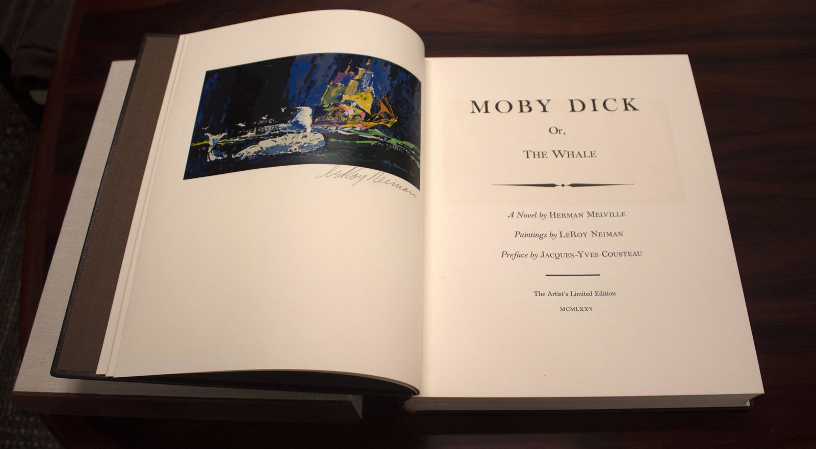 Moby Dick Signed by LeRoy Neiman and Jacques-Yves: For your consideration is a spectacular "Moby Dick" book illustrated by LeRoy Neiman and signed. Also, signed by Jacques-Yves Cousteu. It is gilt decorated and in excellent condition (14.5"h x 12"w x