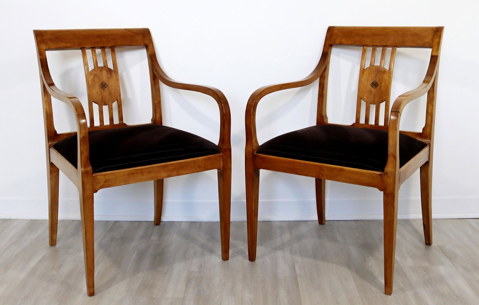 Art Deco Style Pair of Wood Lounge Accent Armchairs: For your consideration is a marvelous pair of Art Deco style lounge armchairs, with velvet seats. In excellent condition. The dimensions are 22" Sq x 33" B.H. x 25" A.H. x 18" S.H.