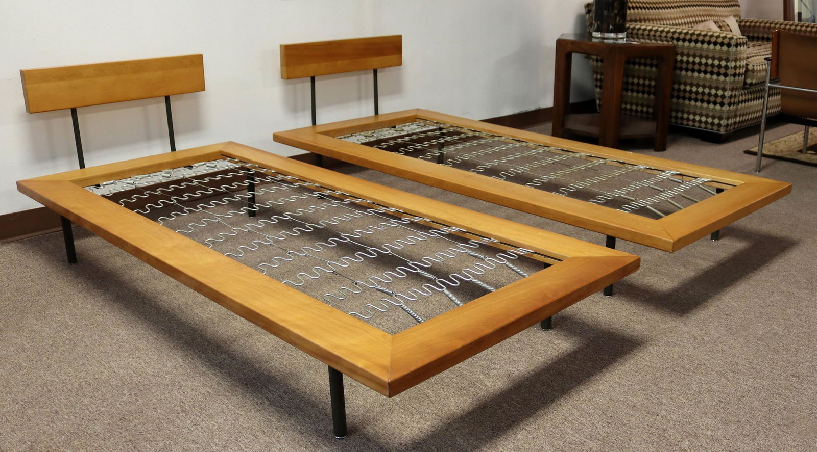 Eero Saarinen Twin Beds Designed for Drake University: For your consideration is a delightful and rare pair of twin beds designed for Drake University by Eero Saarinen, circa late 1950s. In excellent condition (77" x 33.5" x 25" x 10").