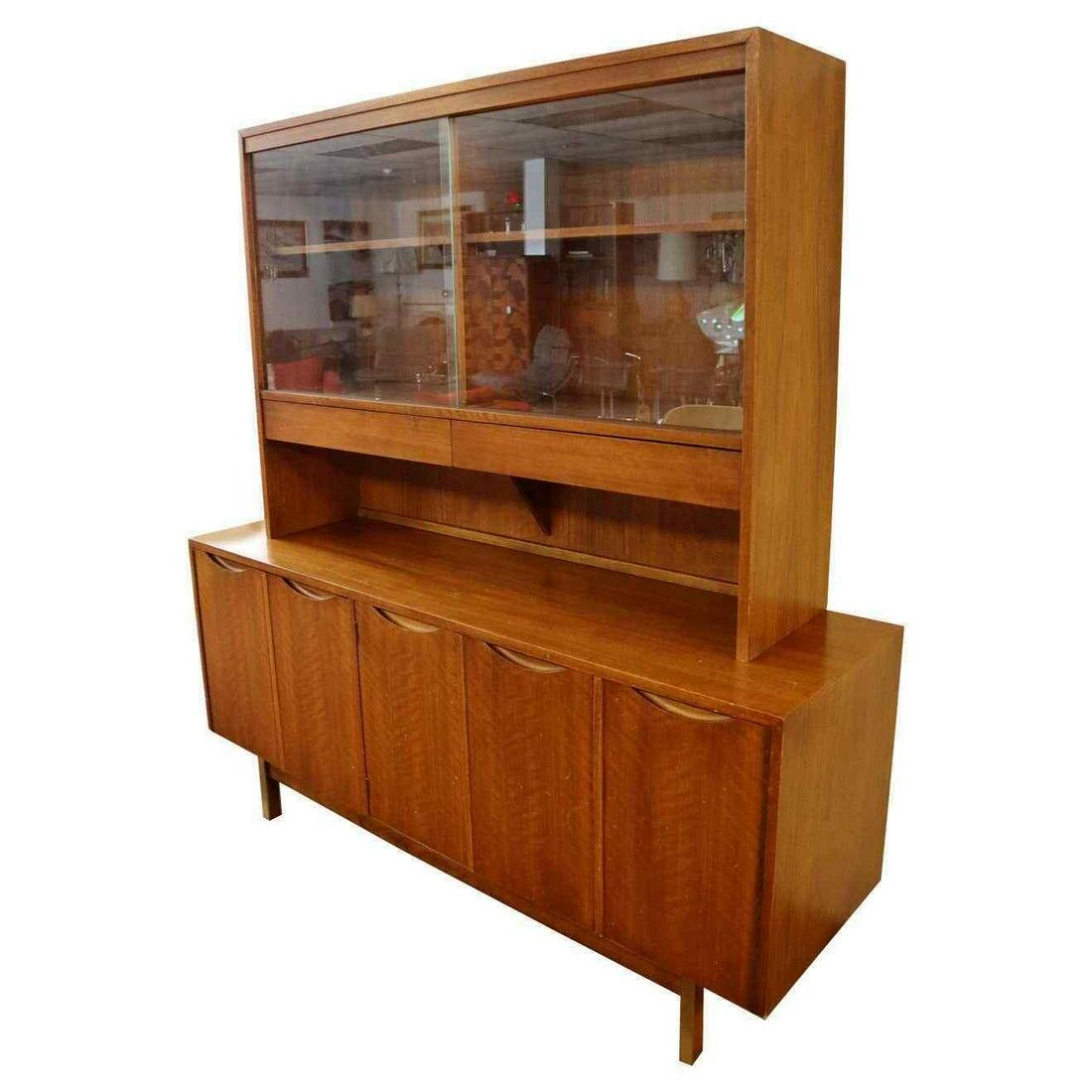 American of Martinsville 2 Pc Walnut Credenza & Hutch: For your consideration is a magnificent, two piece, walnut wood credenza, and a hutch with sliding glass doors, by American of Martinsville, circa the 1960s. In excellent vintage condition. The dimens