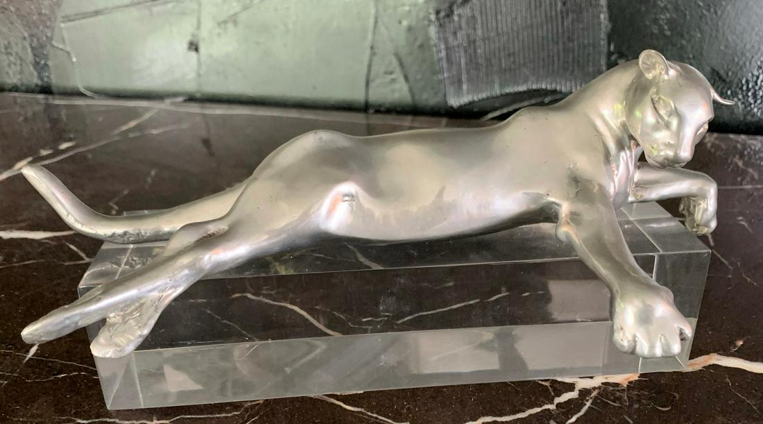 Castor Cooper Pewter Lioness Scupture on Lucite Base: For your consideration is a gorgeous pewter lioness reclining on a lucite base. Signed by Caster Cooper on the verso. Dimensions: 10” x 4.5” x 4.5”