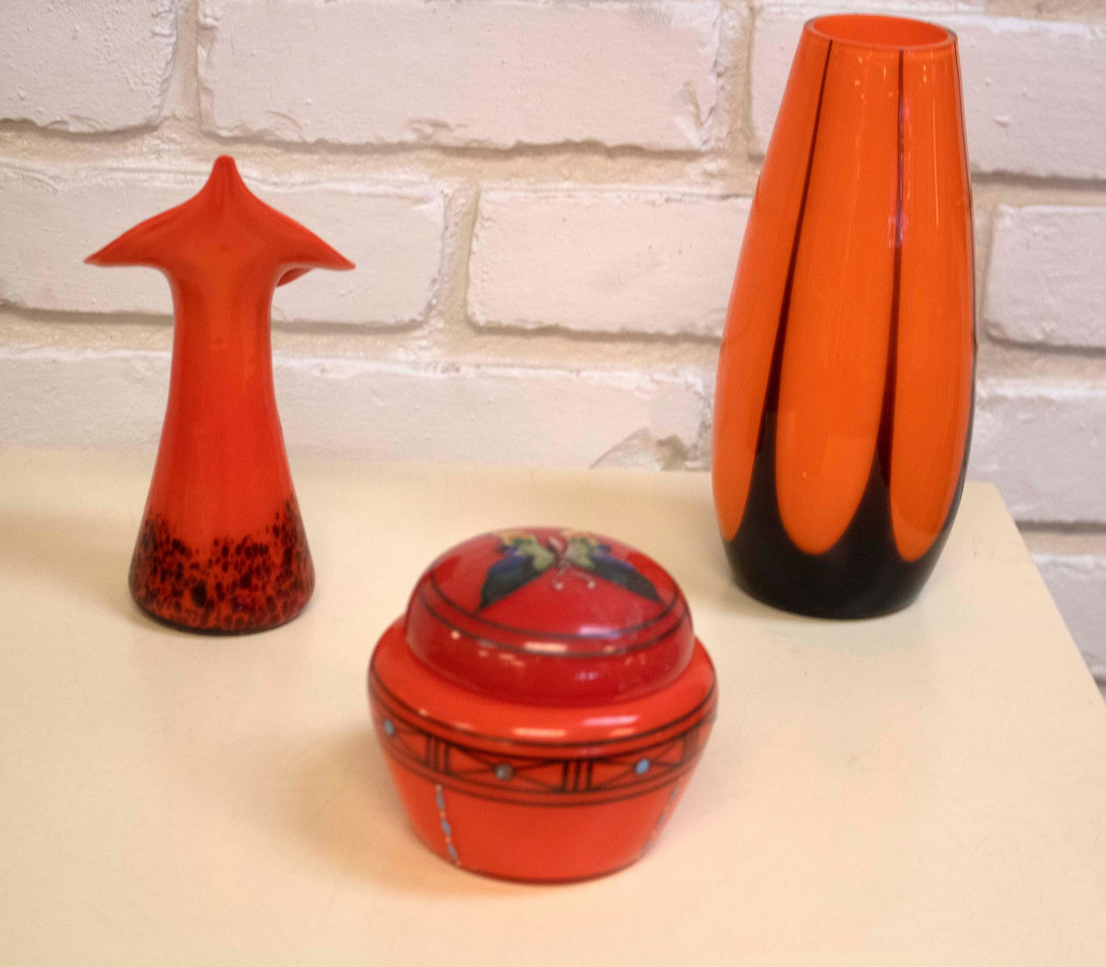 Set of 3 Mid Century Modern Orange Glass Vessels (1 of 9)