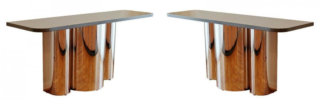 Pair of Brueton Marble on Chrome Rounded Console Table: For your consideration is a magnificent pair of console tables, made of chrome and with marble tops, circa the 1970s, attributed to Brueton. In excellent vintage condition. The dimensions are 66" W x