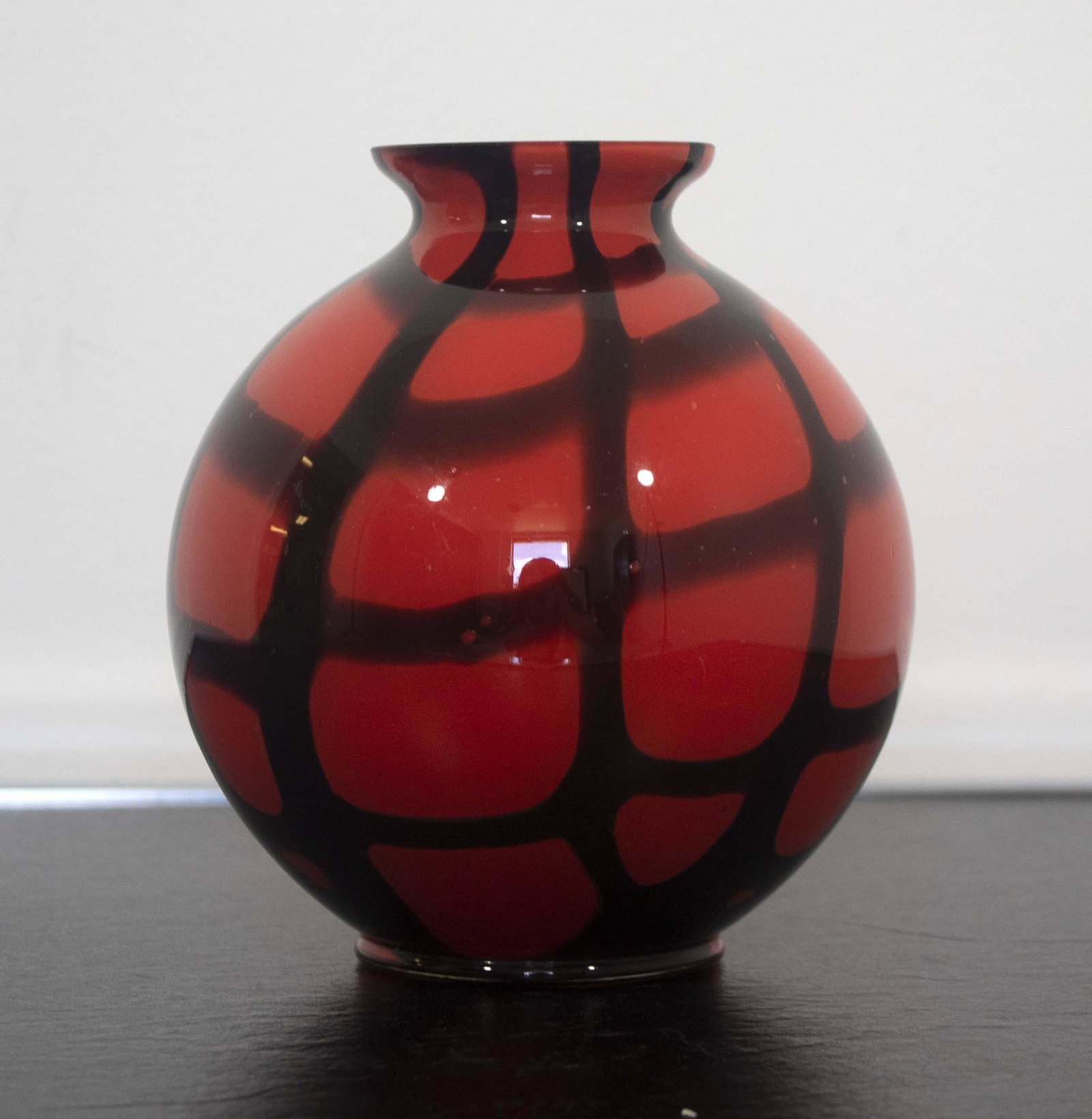 Czech Red Glass Vase with Black Stripe Design: For your consideration is a captivating Czech red glass vase with black stripe design. In excellent condition. Dimensions: 6.75h x 5.75d