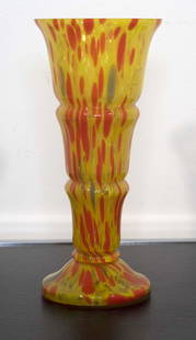 End of Day Large Yellow Vase Vessel Orange Design: For your consideration is an elegant end of day yellow vase with orange details. In excellent condition. Dimensions: 11h x 5d