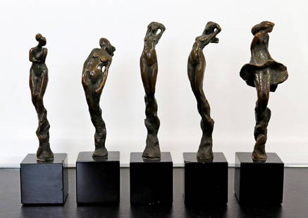 Tom Corbin Set of 5 Female Figures Bronze Sculptures: For your consideration is a stunning set of 5 female figures in bronze with a wood base. Dimensions: 8.5h x 2 sq each. In excellent condition.