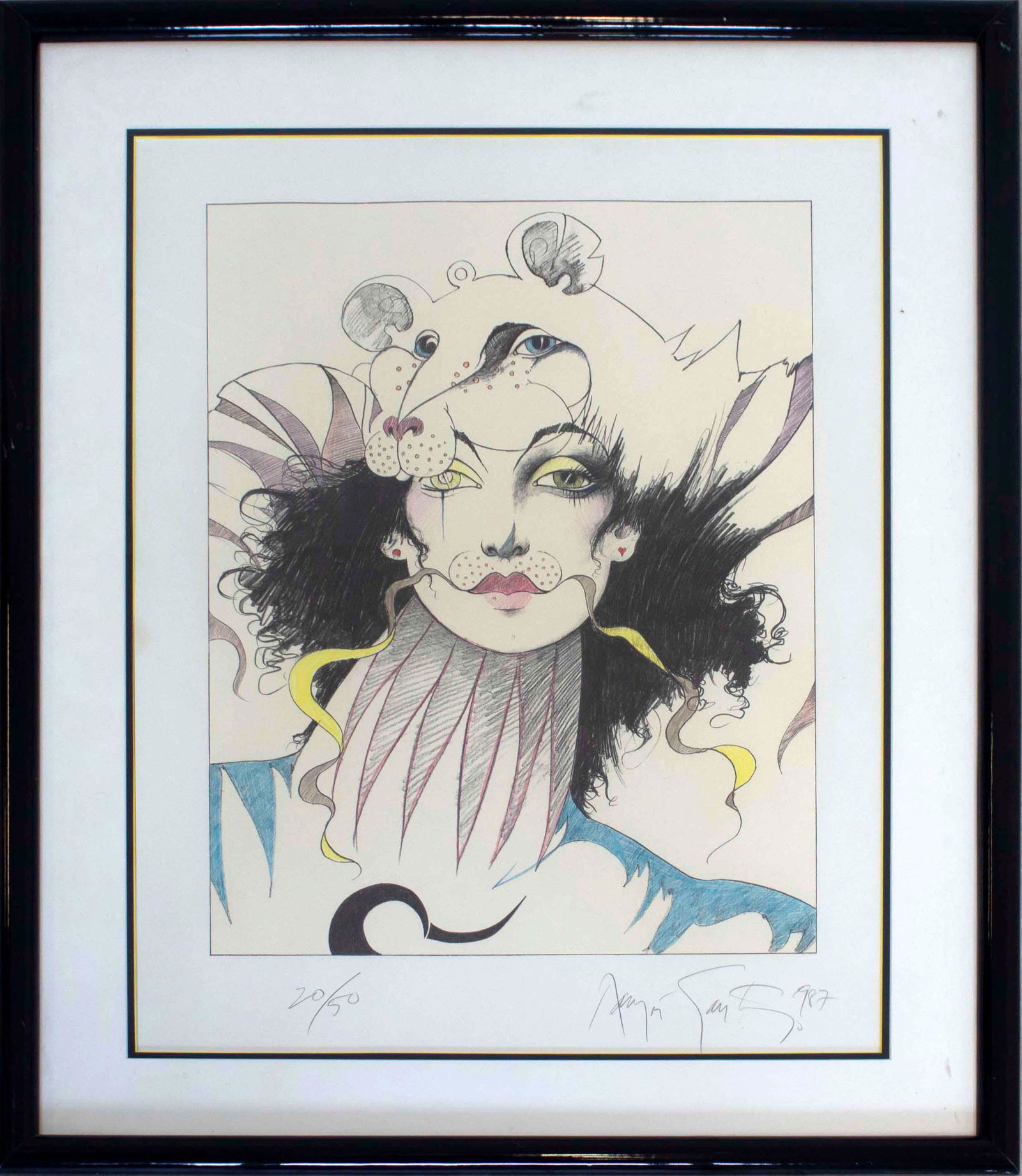 Roman Santiago Female Lioness Portrait Signed: For your consideration is a stunning and rare lithograph depicting a portrait of a female lioness, with an annotation 1987, signed by Roman Santiago 1987. This lithograph was acquired from a curator a